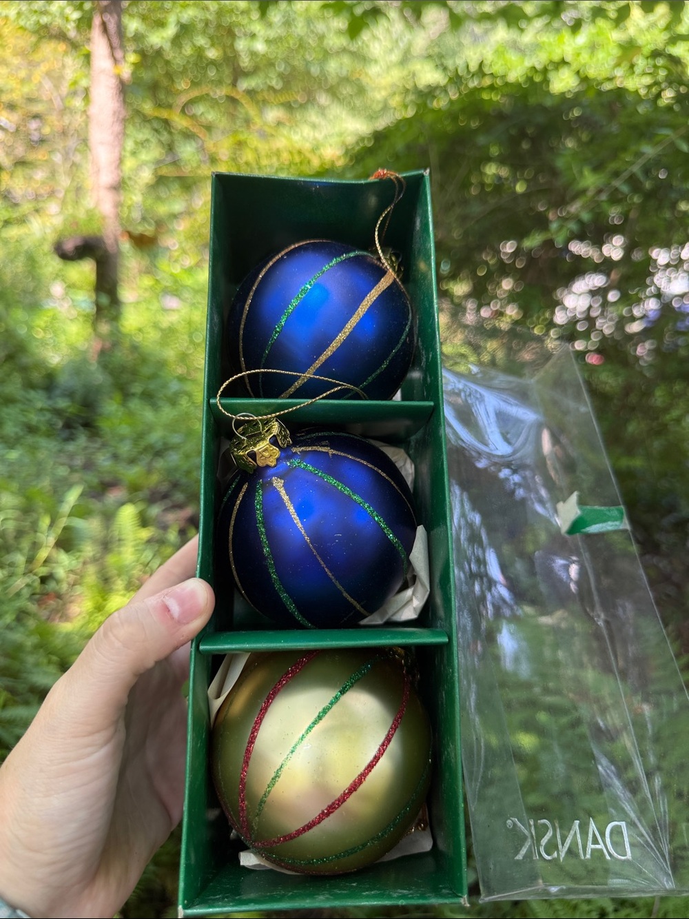 Dansk Blue and Gold Glitter-Striped Ornament Set (Blue, Gold, Green, Red)